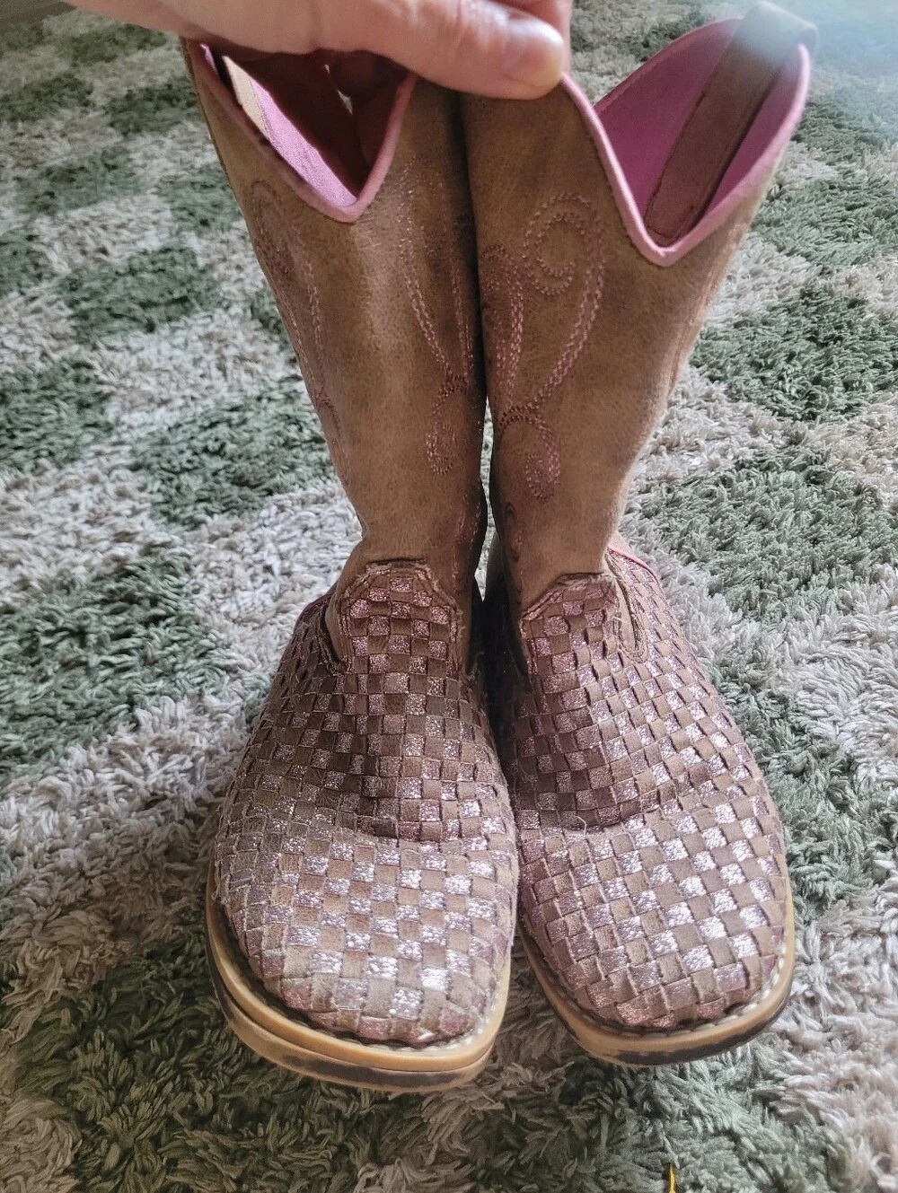 Girls Tan and Pink Woven Western Boots